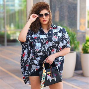Multi Printed Oversized 3/4 Sleeves Collared Blouse